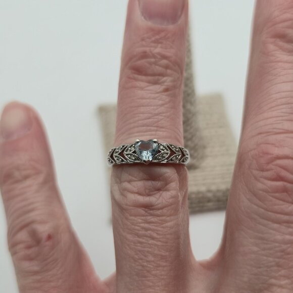 Size 6 Sterling Silver Aquamarine Heart With Diamond Accents Ring A4039 - Picture 4 of 10